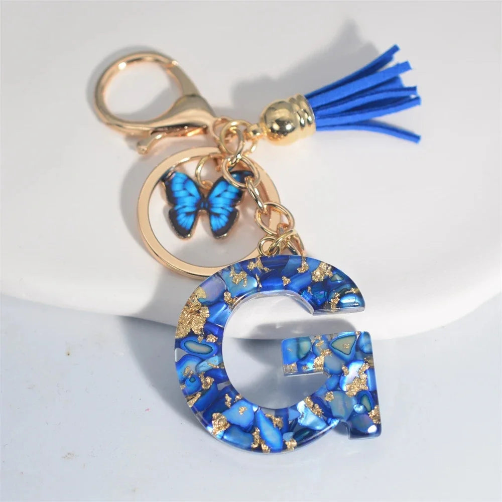 Personalized Glazed Stone Letter Keychain – Elegant A–Z Monogram with Tassel & Butterfly
