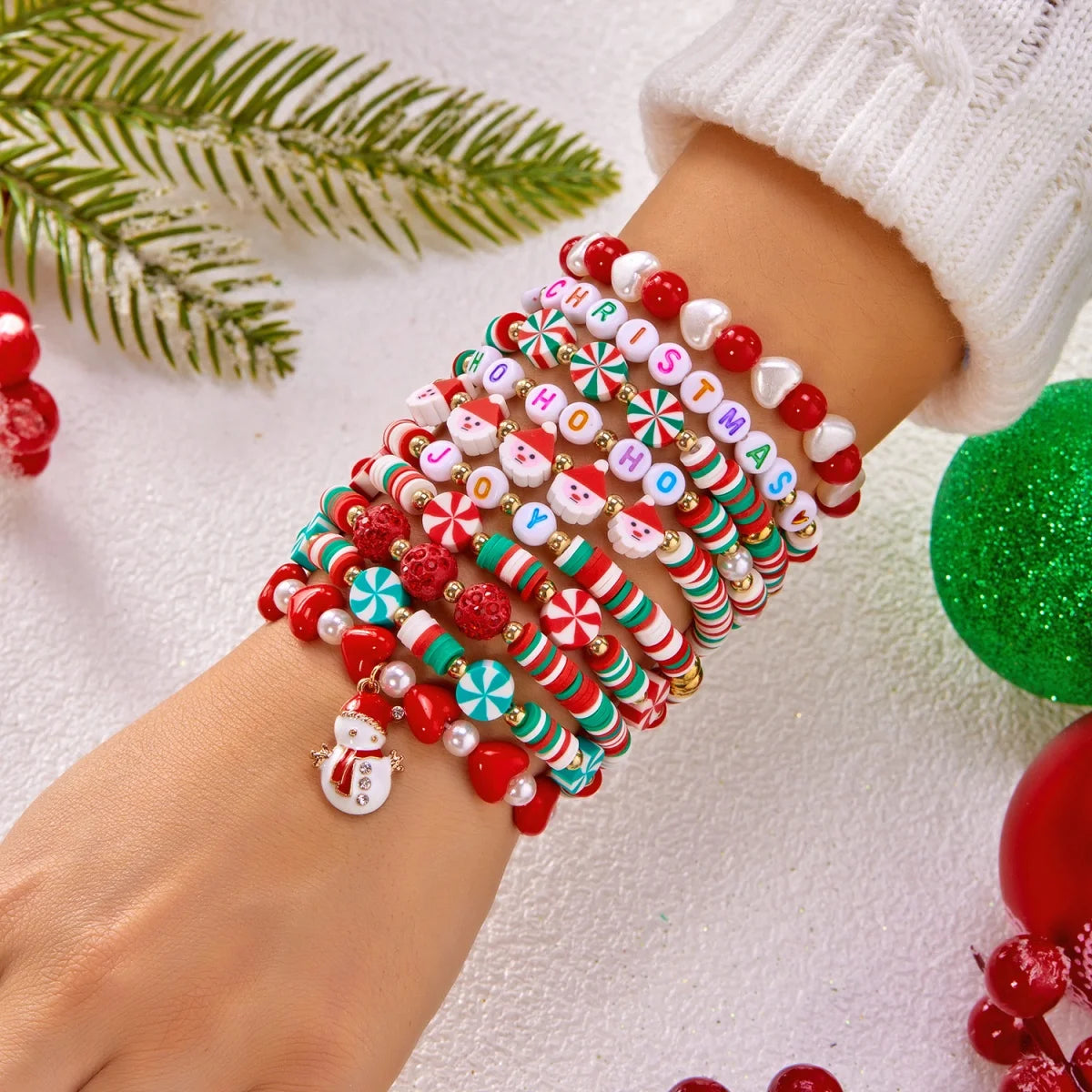10Pcs/Set Multilayer Christmas Bracelet Snowman Tree Gift Box Snowflake Santa Claus Soft Clay Beads Bangle For Women Men Jewelry