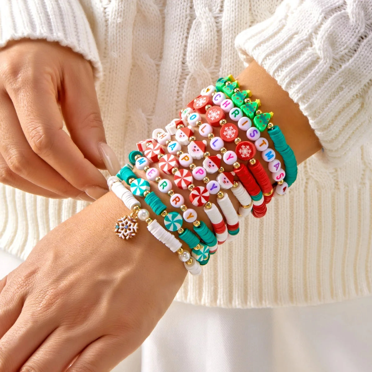 10Pcs/Set Multilayer Christmas Bracelet Snowman Tree Gift Box Snowflake Santa Claus Soft Clay Beads Bangle For Women Men Jewelry