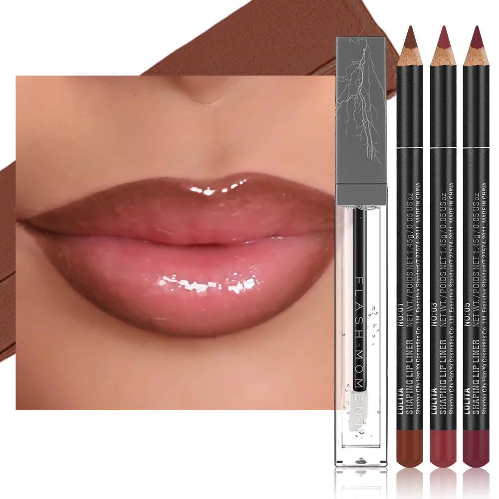 4-Pack Lip Liner and Lip Oil Set - Smooth Lip Liners for Defined Contours & Moisturizing Lip Oils for Luxurious Shine - Perfect