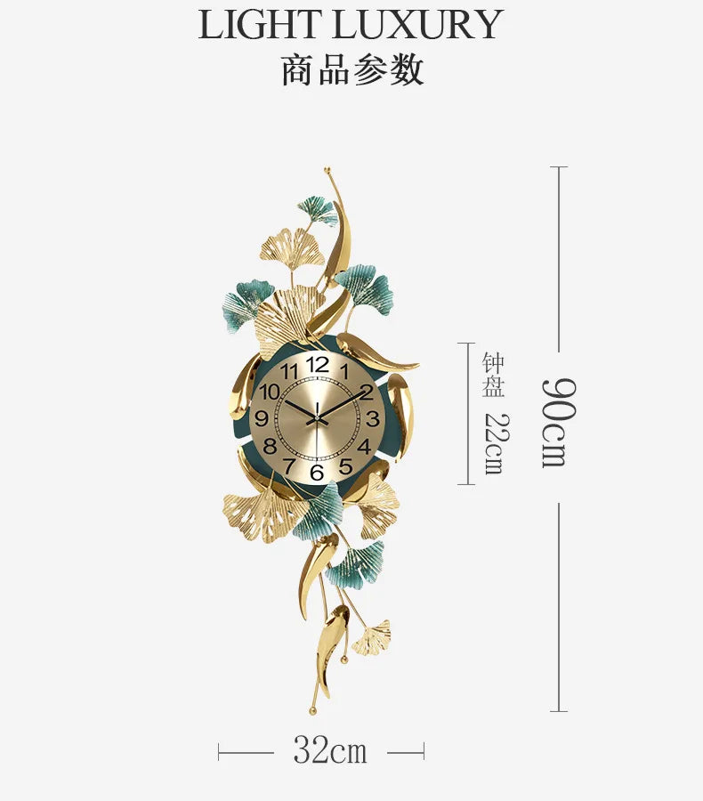 Living Room Creative Metal Decorative Clock Ginkgo Leaf Fish Large Wall Clock Hotel Lobby Home Porch Decorations Silent Watch