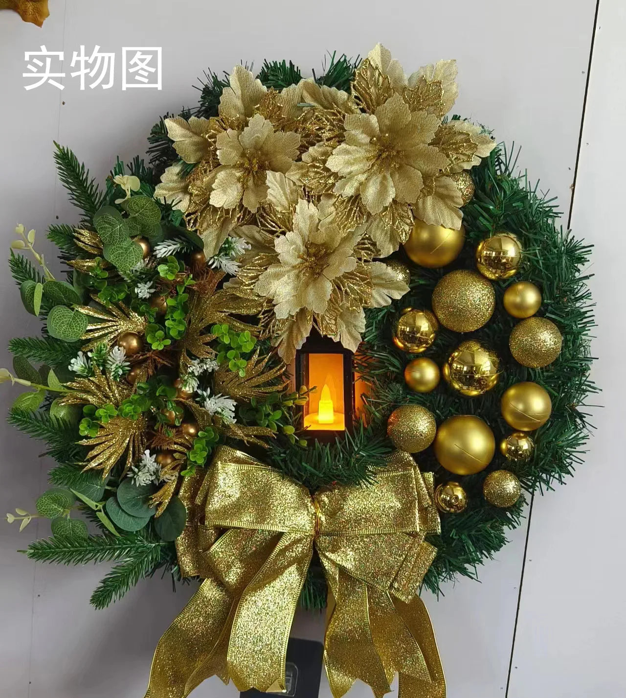 45cm Christmas Decoration Golden Wreath With Lamp For Front Door Red Ball Flower Garland Xmas Ornament Window Wall Hanging Decor