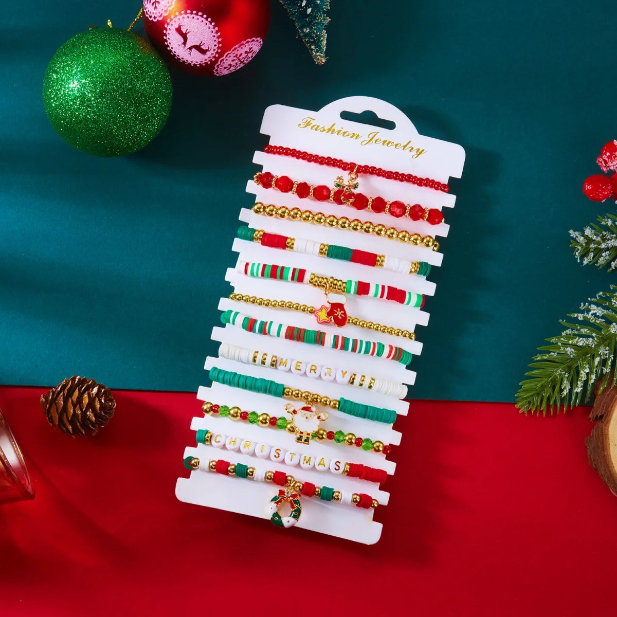 12Pcs/Set Christmas Bracelet Set Santa Claus Wreath Reindeer Xmas Tree Soft Clay Beaded Holiday Party Jewelry Gift For Women Men