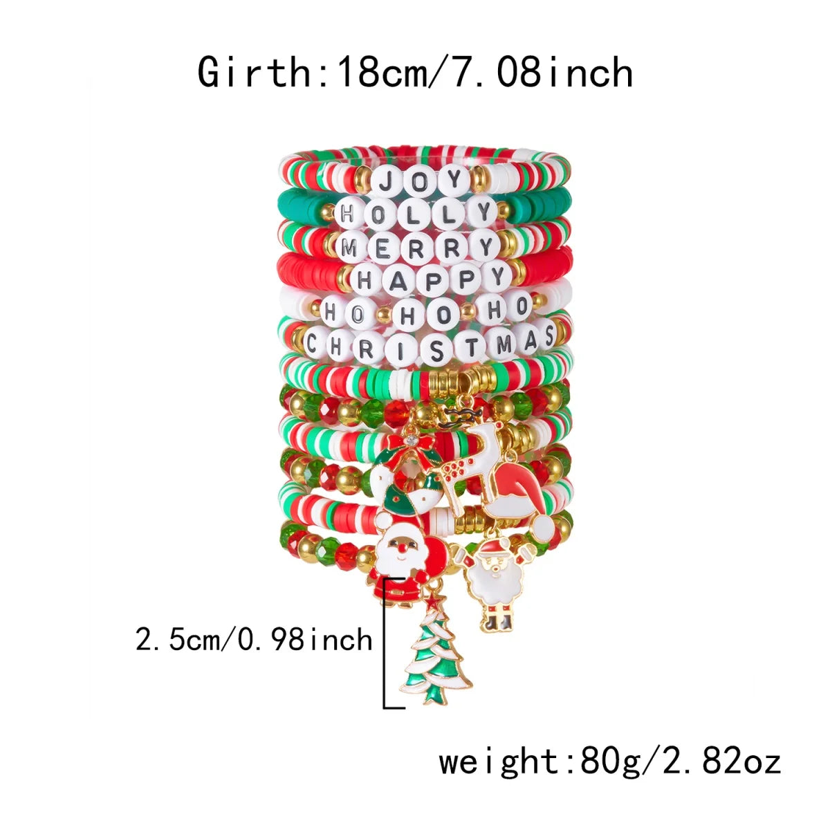 12Pcs/Set Christmas Bracelet Set Santa Claus Wreath Reindeer Xmas Tree Soft Clay Beaded Holiday Party Jewelry Gift For Women Men