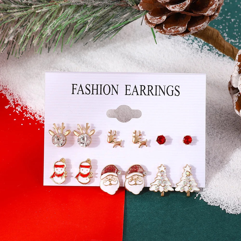 6 Pairs Christmas Earrings Xmas Tree Elk Snowman Santa Claus Cute Ear Stud Dangle Earrings Christmas Gifts For Women Girls Kids
