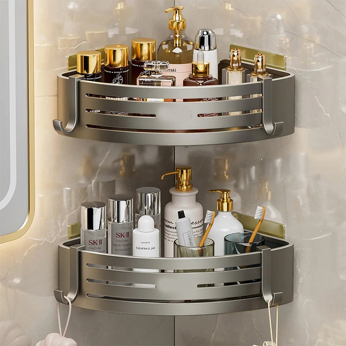 1-2PCS Shower Corner Shelf with Towel Bar Hook Space Aluminum Bathroom Shelf Without Drilling Shampoo Holder Bathroom Accessorie
