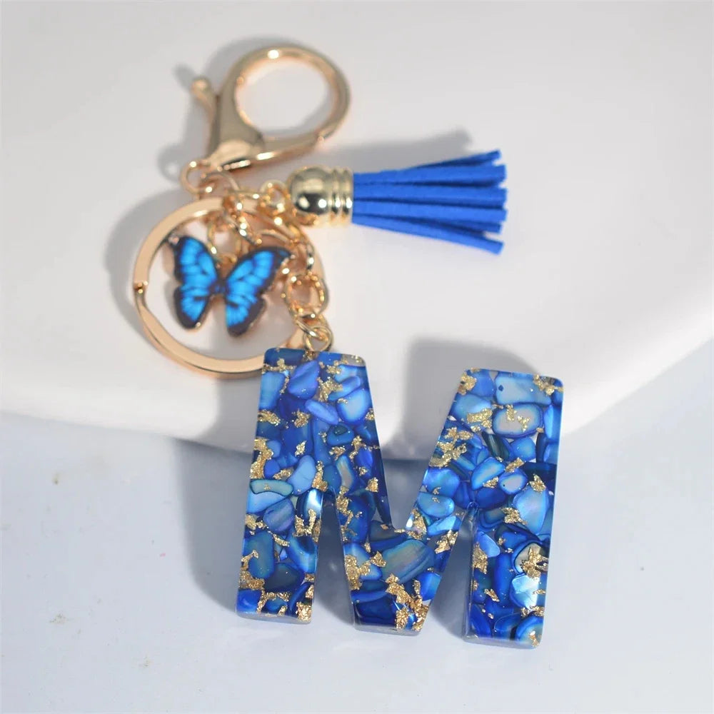 Personalized Glazed Stone Letter Keychain – Elegant A–Z Monogram with Tassel & Butterfly