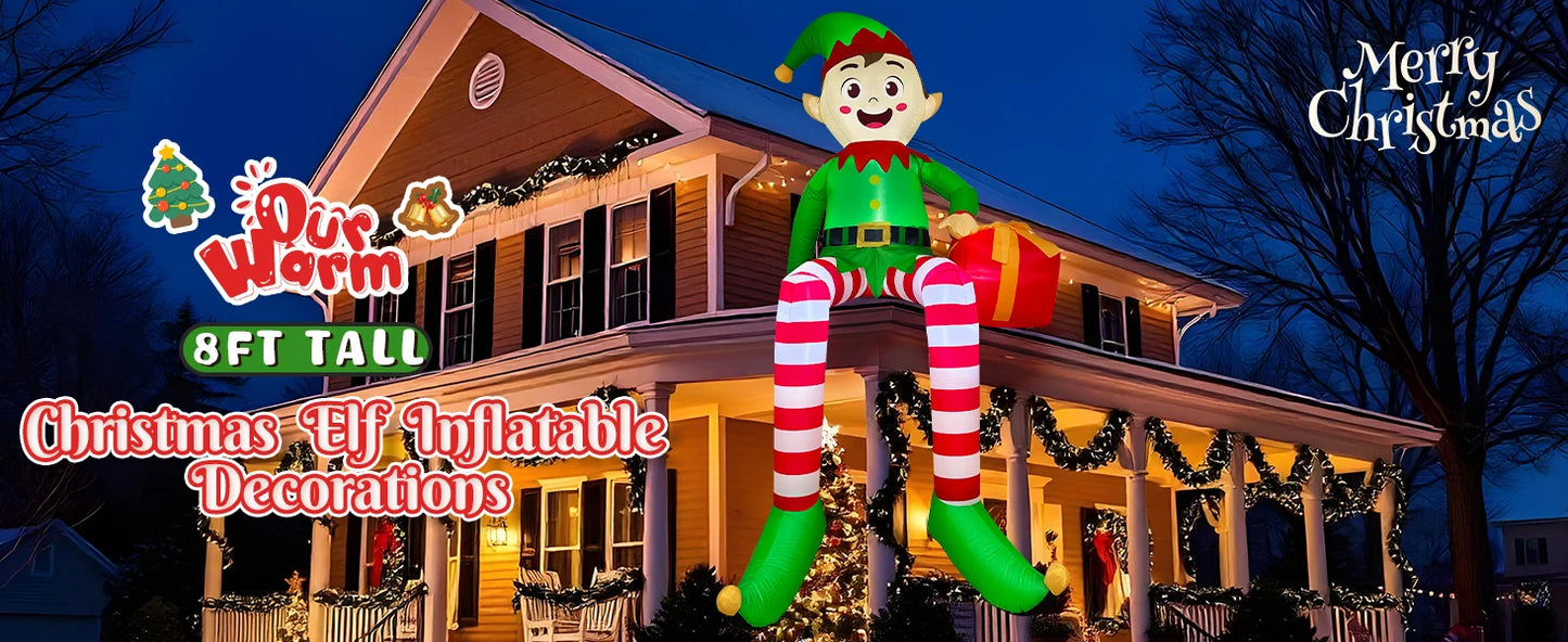 8FT Christmas Inflatables Outdoor Decorations, Christmas Inflatable Sitting Elf Christmas Yard Decorations Bliud-in LED Lights