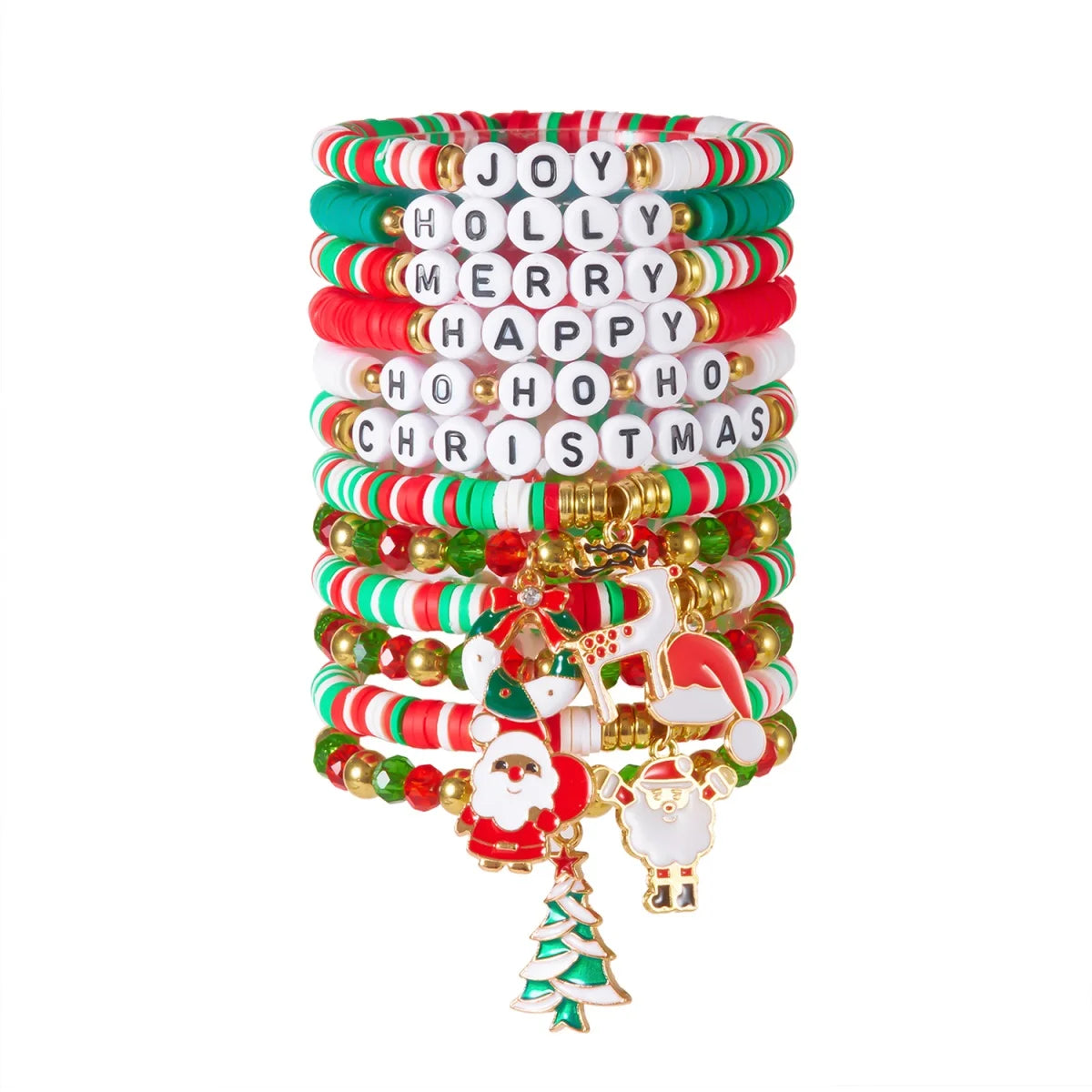 12Pcs/Set Christmas Bracelet Set Santa Claus Wreath Reindeer Xmas Tree Soft Clay Beaded Holiday Party Jewelry Gift For Women Men