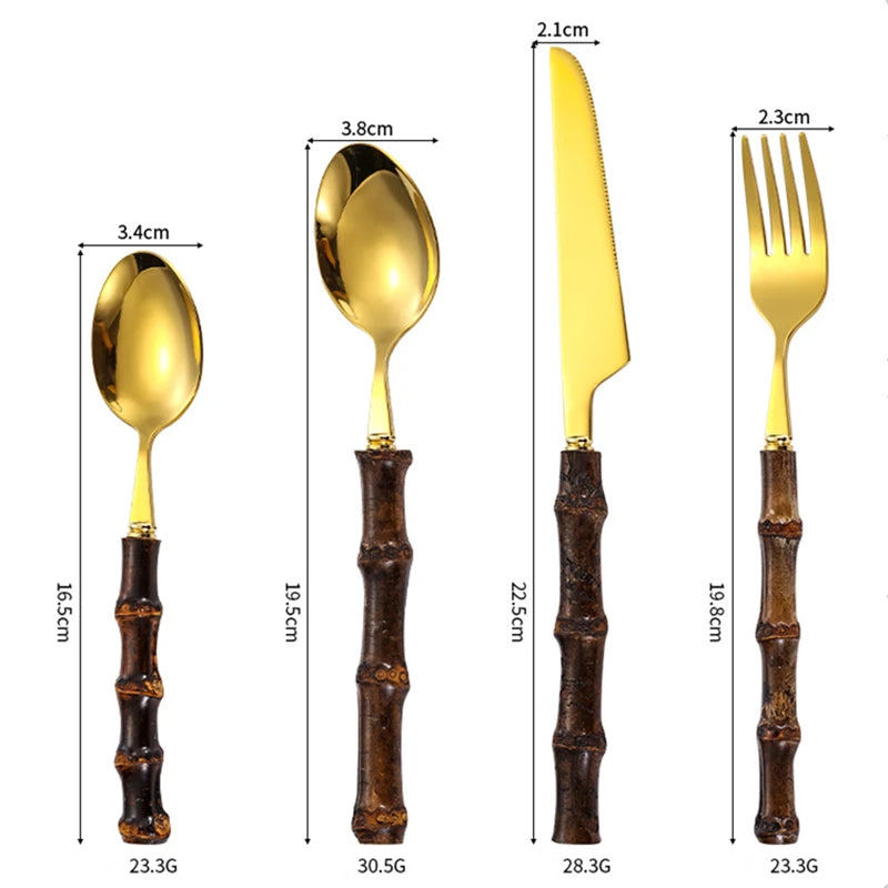 Black Nature Bamboo Dinnerware Sets Stainless Steel Upscale Cutlery Fork Spoon Home Kitchen Tableware Gold and Silver