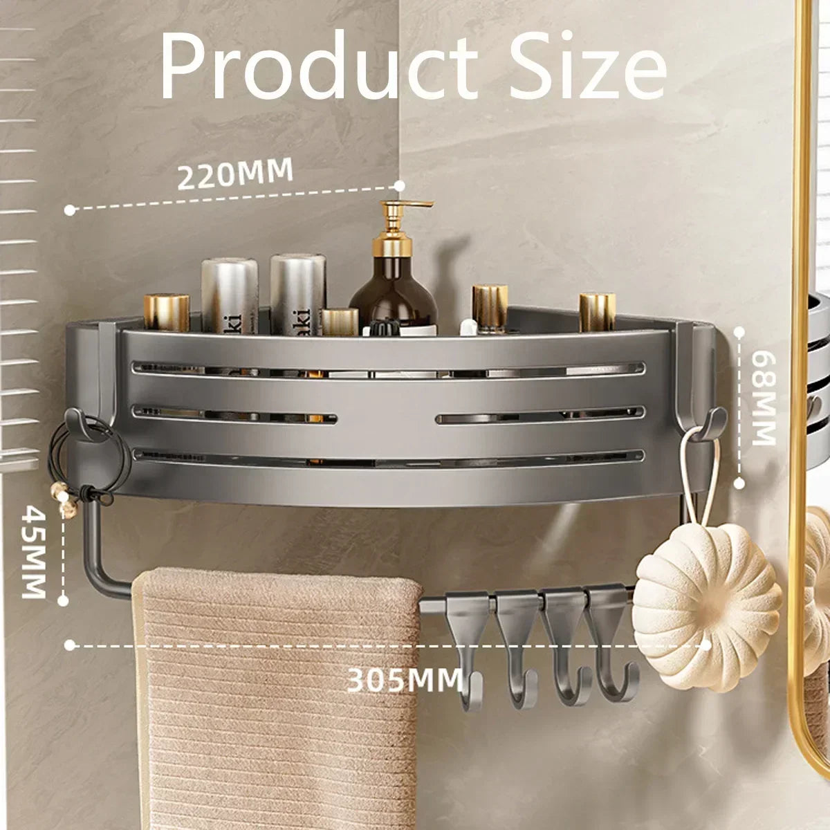 1-2PCS Shower Corner Shelf with Towel Bar Hook Space Aluminum Bathroom Shelf Without Drilling Shampoo Holder Bathroom Accessorie