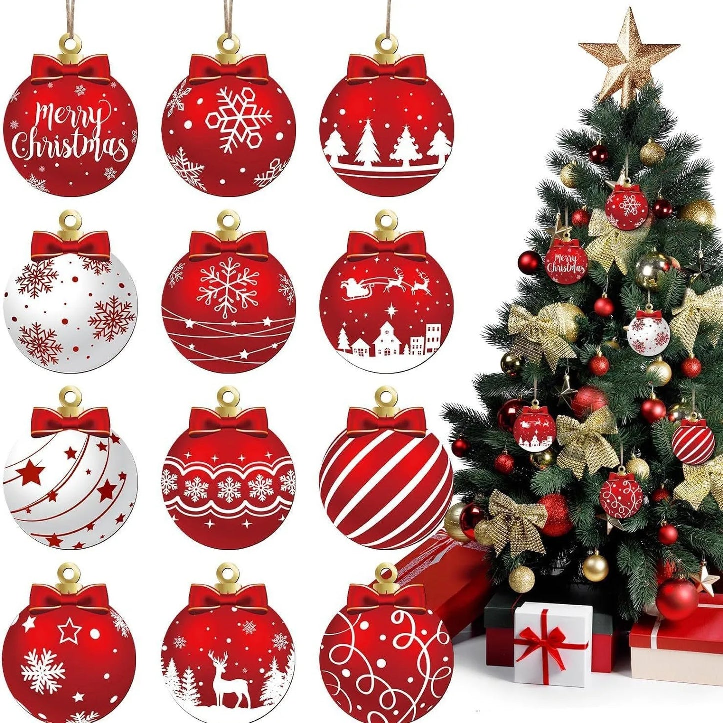 12PCS Christmas Ball Pendant, Wooden Pendant Christmas Decoration, Party  Decoration Set For Home New Year Gifts