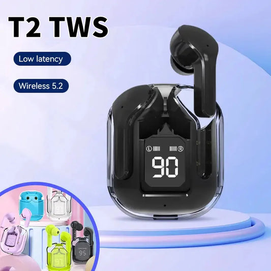 T2 Transparent Bluetooth Earbuds – HiFi Sound with LED Power Display