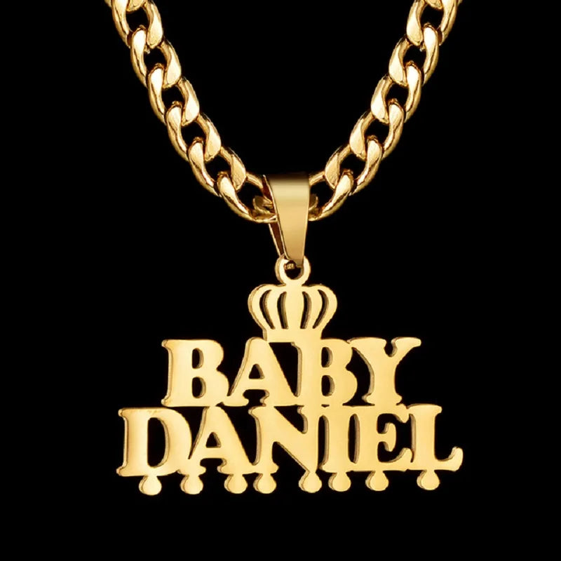 Royal Elegance: Custom Stainless Steel Name Necklace with Crown Pendant & Thick Chain