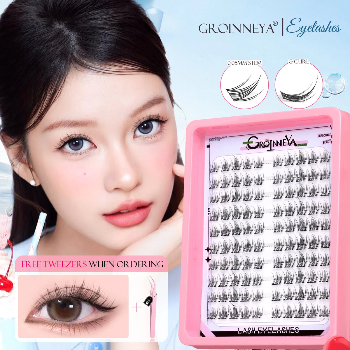 GROINNEYA Natural Cluster Lashes C Curl Manga Lashes Soft Cross Wispy Individual Cluster Anime Eyelashes Extension Eye Makeup