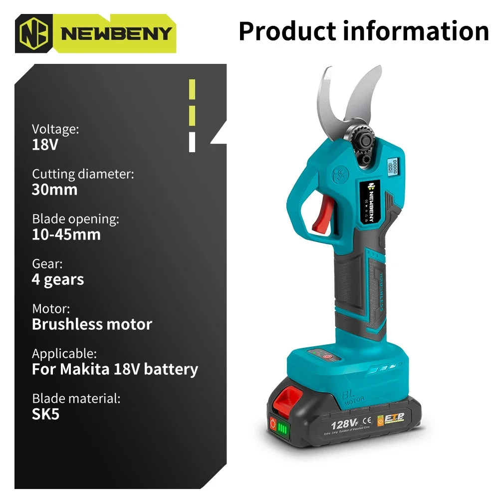 NEWBENY 30mm Brushless Electric Pruning Shears 4 Gear Cordless Garden Fruit Tree Bonsai Beautify Tool For  18V-21V Battery