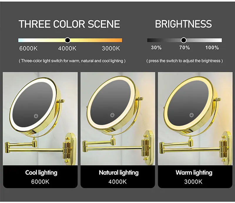 8 Inch Gold Wall Mounted Makeup LED Mirror 3X-10X Magnifying USB Charing Double Side Bathroom Smart 3 color Cosmetic Mirror
