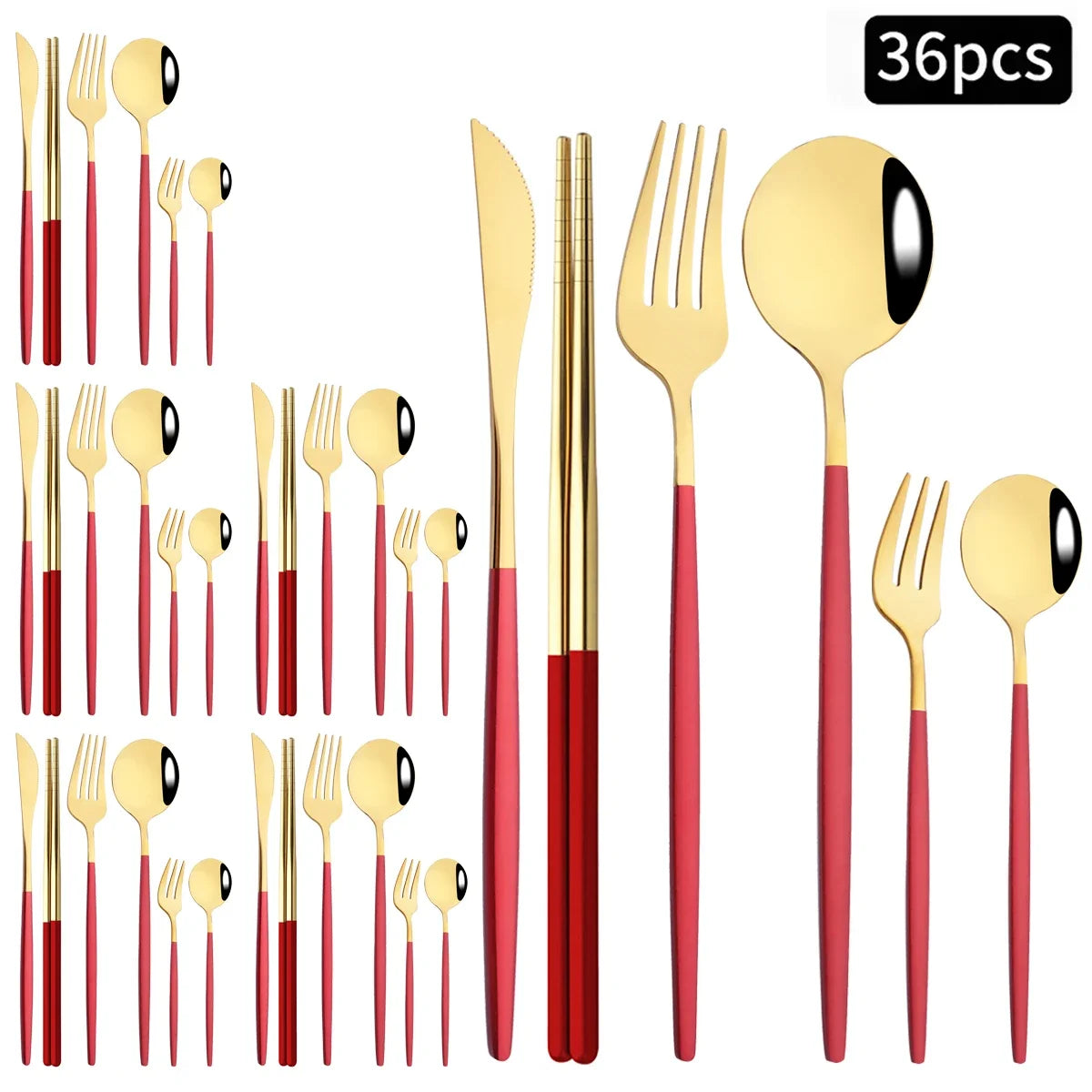 36pcs Black Gold Cutlery Set Knife Fork Spoon Chopsticks Dinnerware Set Stainless Steel Cake Forks Teaspoons Tableware Flatware