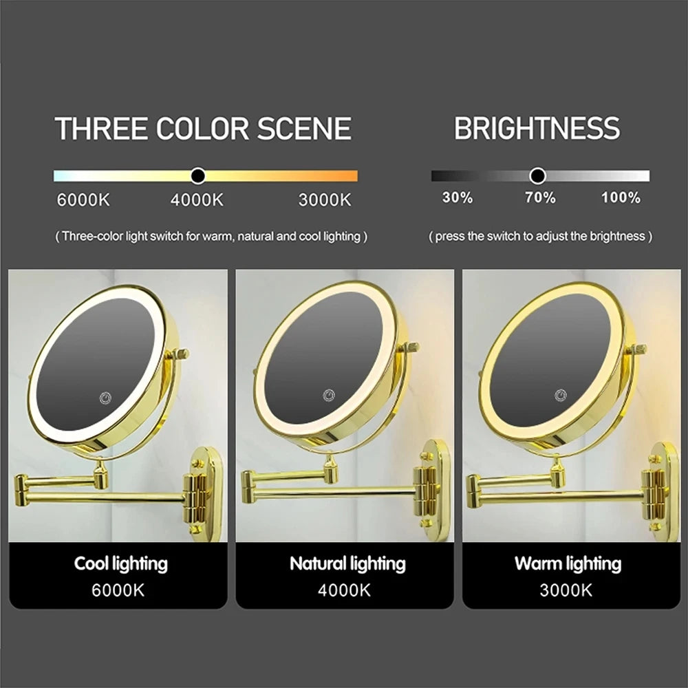 8 Inch Gold Wall Mounted Makeup LED Mirror 3X-10X Magnifying USB Charing Double Side Bathroom Smart 3 color Cosmetic Mirror