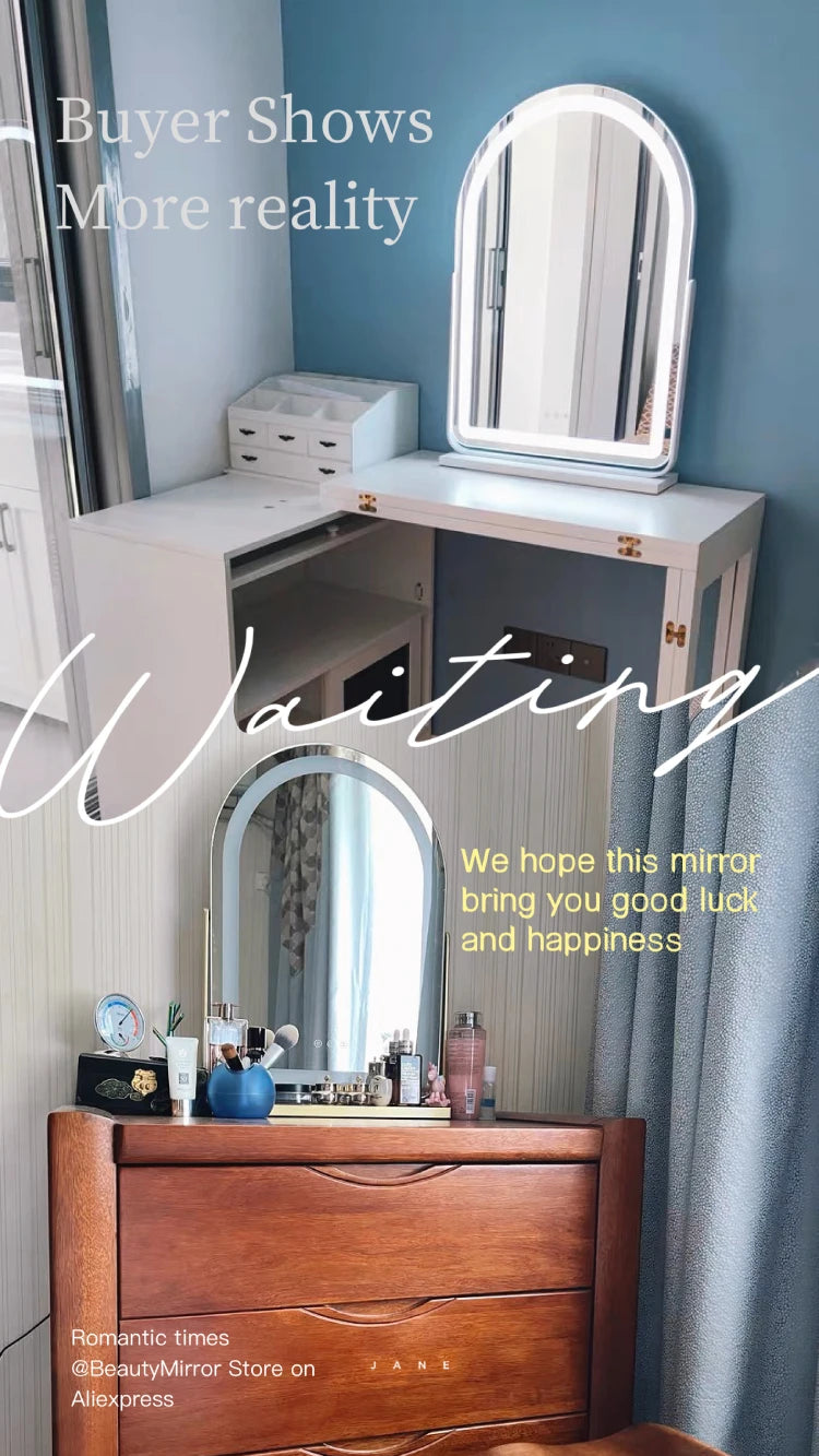 LED Lighted Arched Large Vanity Lighted Makeup Mirror for Bedroom Smart Touch Control 3 Color Lighting Modes Detachable 15x