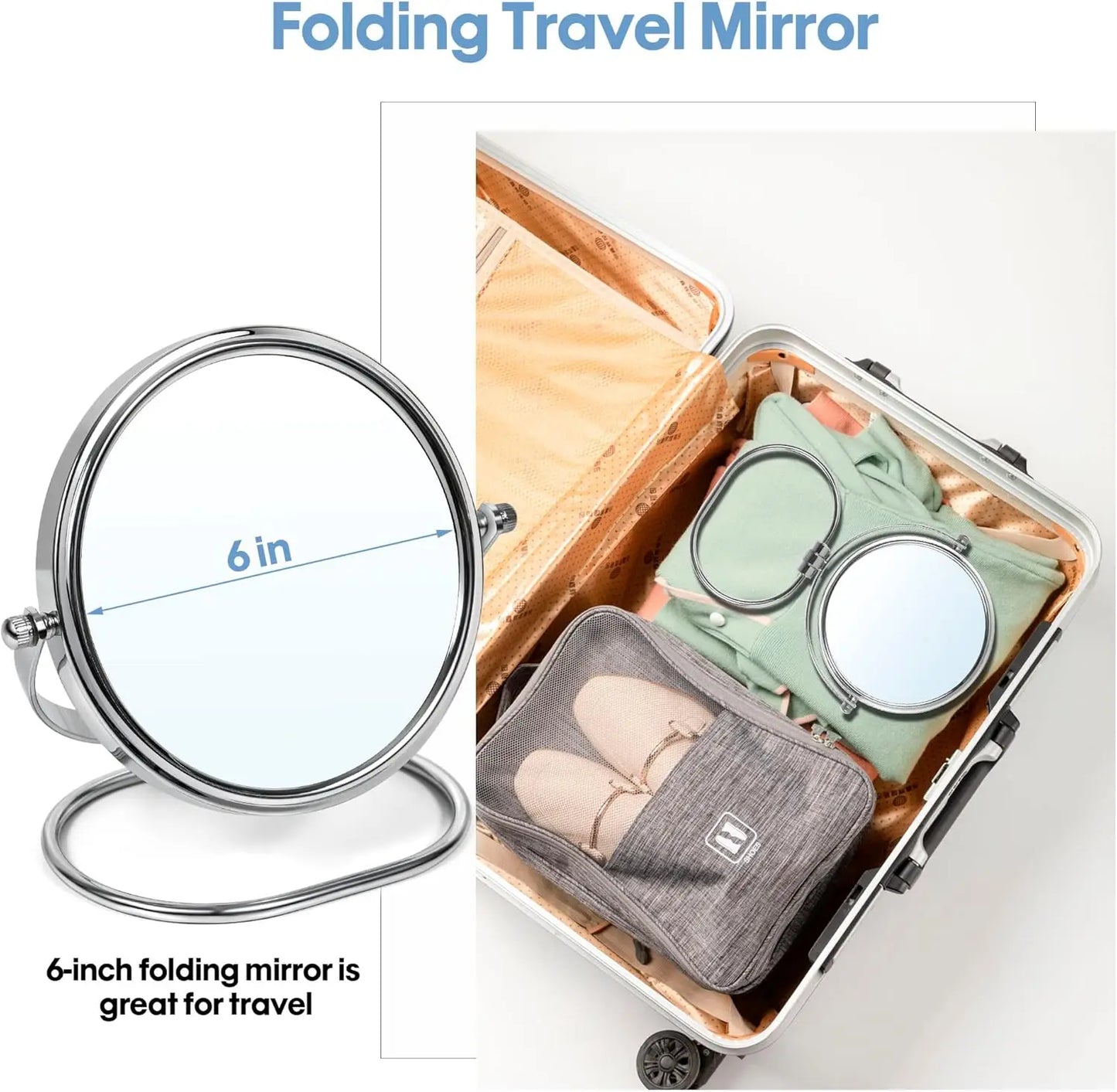 Two-Sided Makeup Mirror with Stand 1X and 10X Dual Sided Magnification Light weight&Portable Table Top Magnifying Vanity Mirror