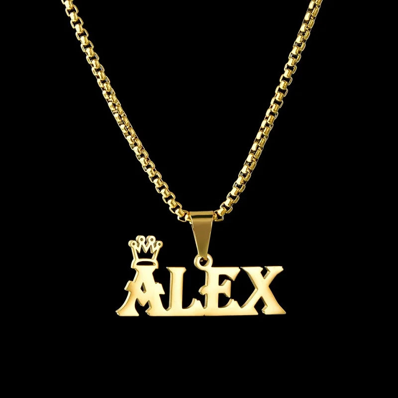 Royal Elegance: Custom Stainless Steel Name Necklace with Crown Pendant & Thick Chain