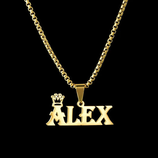 Royal Elegance: Custom Stainless Steel Name Necklace with Crown Pendant & Thick Chain