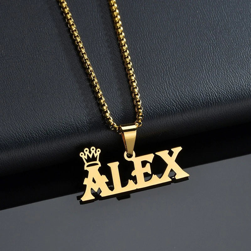 Royal Elegance: Custom Stainless Steel Name Necklace with Crown Pendant & Thick Chain