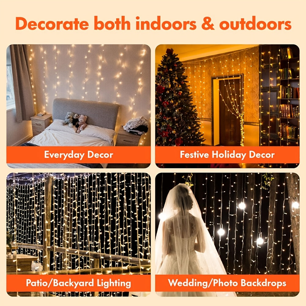 LED Curtain Light String Lights, Outdoor Wedding Party Romantic Christmas Lights, With 8 Lighting Modes Connectable, For Bedroom Window Garden Wall Decor, Warm White