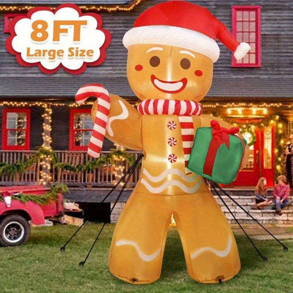 243.84cm Large Gingerbread Man Inflatable with Red & White Striped Scarf, Green Gift Box & Candy Canes - Outdoor Holiday Decoration for Christmas, No Electricity Needed, Festive Yard Display, Inflatable Christmas Decorations,