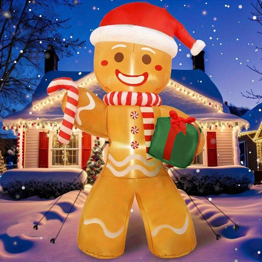 243.84cm Large Gingerbread Man Inflatable with Red & White Striped Scarf, Green Gift Box & Candy Canes - Outdoor Holiday Decoration for Christmas, No Electricity Needed, Festive Yard Display, Inflatable Christmas Decorations,