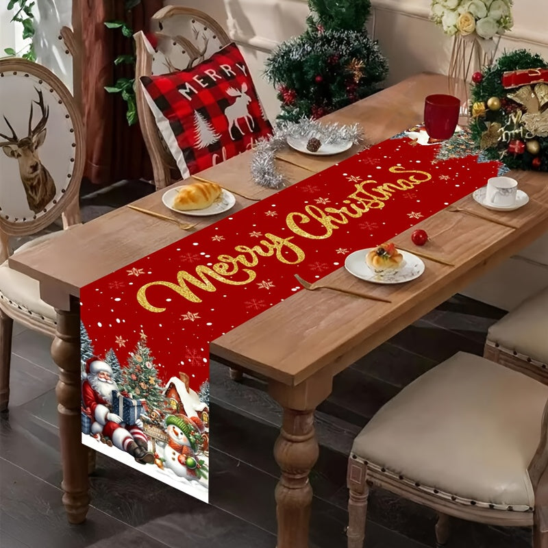 1pc Extra Long Christmas Table Runner - Large 180x35cm (70x14in) Red & Golden Holiday Table Decor with Santa, Snowman, Xmas Tree - Durable Polyester Table Cover for Christmas, New Year's, Parties - Easy-Clean Kitchen, Dining,
