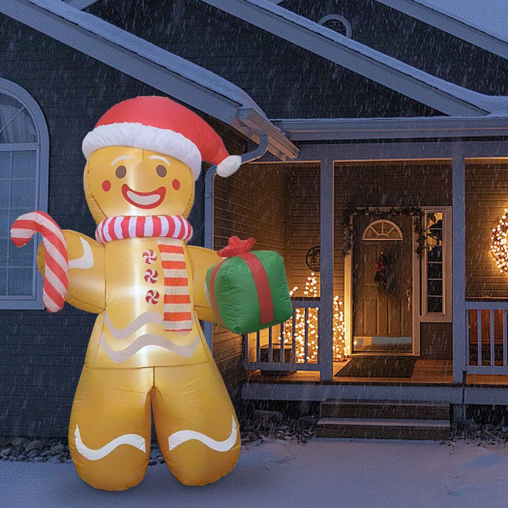 243.84cm Large Gingerbread Man Inflatable with Red & White Striped Scarf, Green Gift Box & Candy Canes - Outdoor Holiday Decoration for Christmas, No Electricity Needed, Festive Yard Display, Inflatable Christmas Decorations,