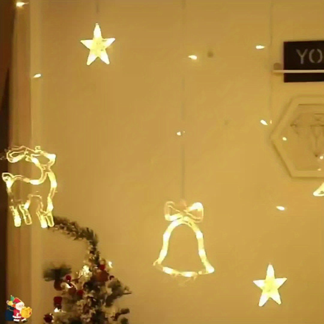 LED 11.5ft USB Powered Curtain Light Christmas Tree, Reindeer, Bells Curtain Lights for Christmas Wedding Party Bedroom Decoration, Warm White