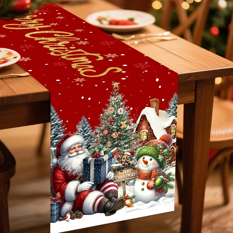 1pc Extra Long Christmas Table Runner - Large 180x35cm (70x14in) Red & Golden Holiday Table Decor with Santa, Snowman, Xmas Tree - Durable Polyester Table Cover for Christmas, New Year's, Parties - Easy-Clean Kitchen, Dining,