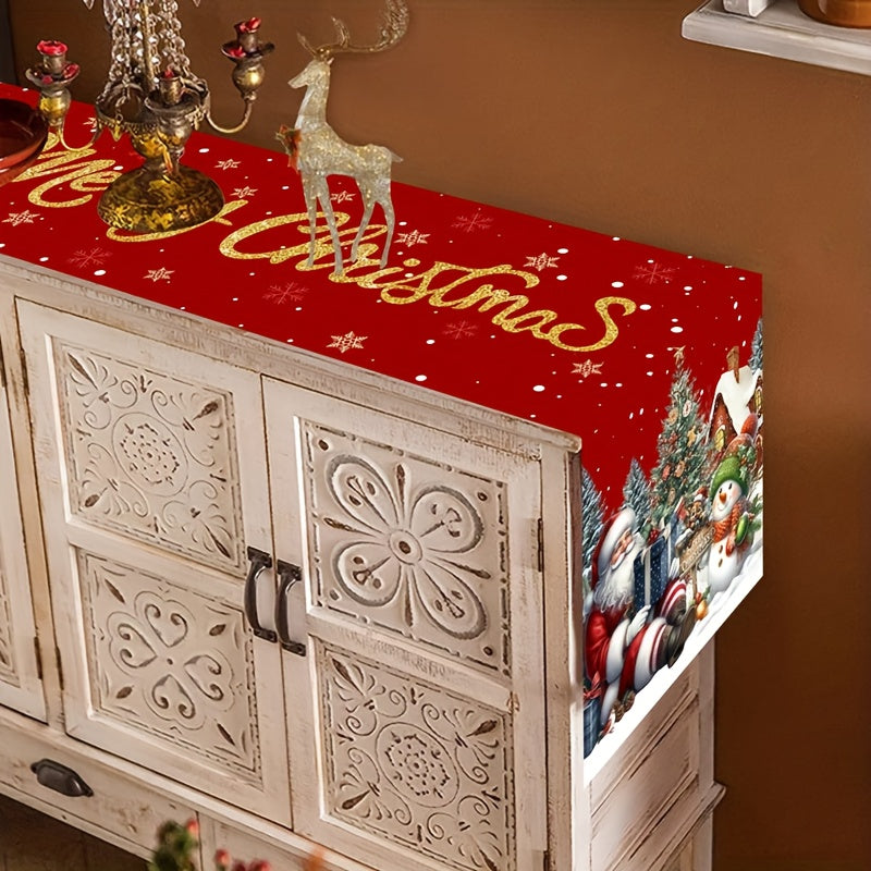 1pc Extra Long Christmas Table Runner - Large 180x35cm (70x14in) Red & Golden Holiday Table Decor with Santa, Snowman, Xmas Tree - Durable Polyester Table Cover for Christmas, New Year's, Parties - Easy-Clean Kitchen, Dining,